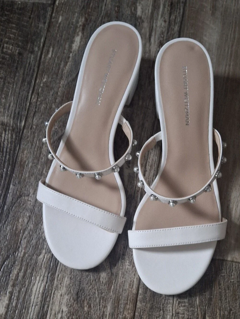 Stuart Weitzman White Embellished Slide Sandals
